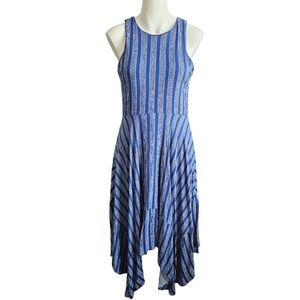 Lumiere M Blue/White Striped Sleeveless Midi Dress Asymmetric Hem‎